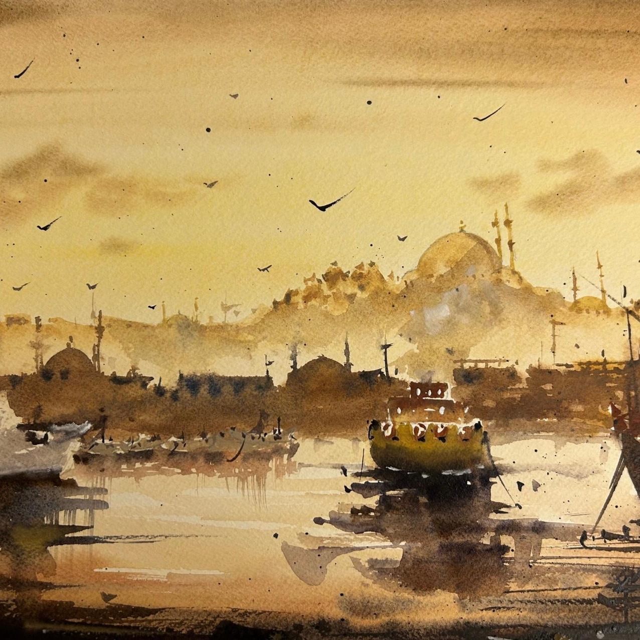 İstanbul Günbatımı Suluboya