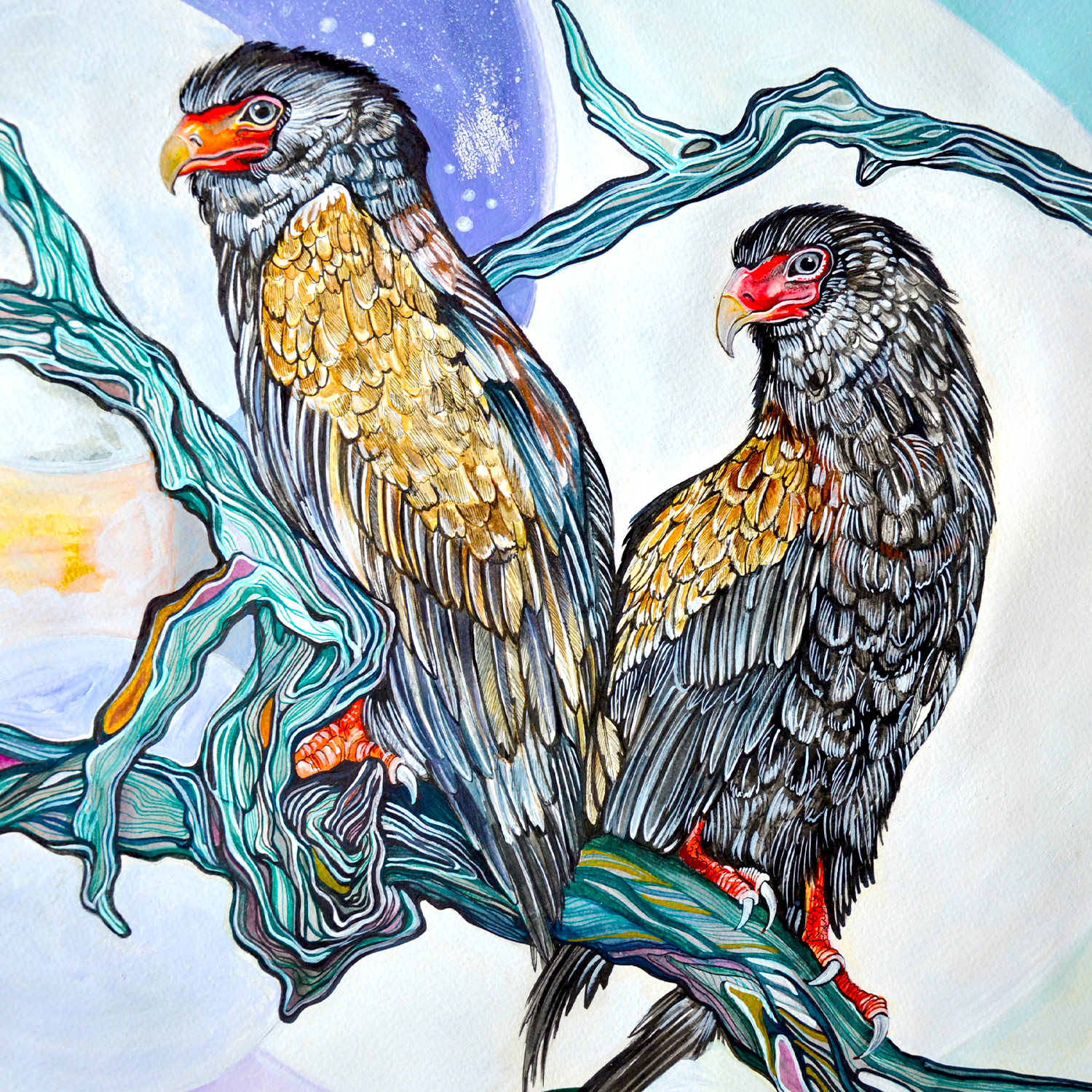 İki Bateleur Ve Sarı Yılan | Kozmik Doğa Temalı Orijinal Sanat Eseri
